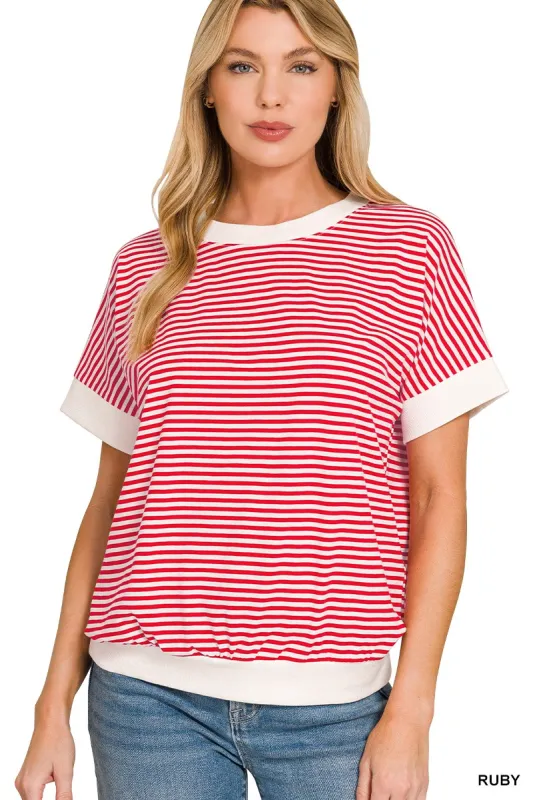 Zenana Stripe Contrast Trim Banded Bottom Top made by Trendsi