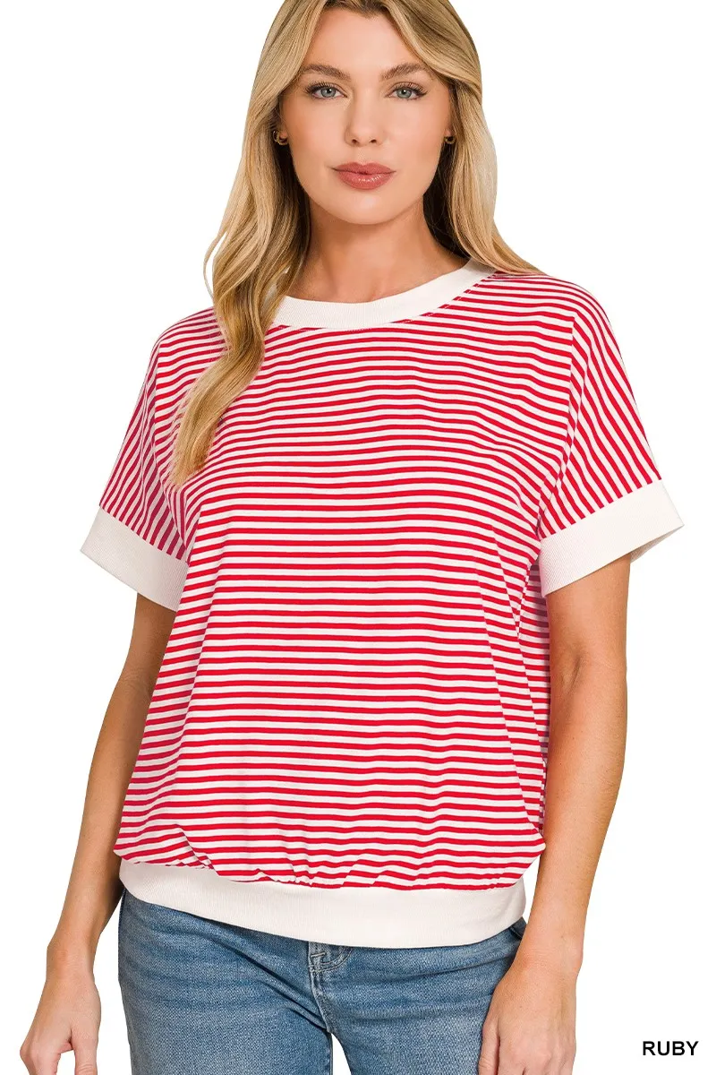 Zenana Stripe Contrast Trim Banded Bottom Top sold by Charming Charlie
