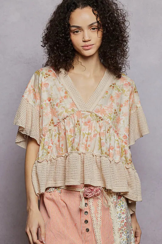 POL Floral Print V-Neck Woven Blouse with Gentle Gathers made by Trendsi