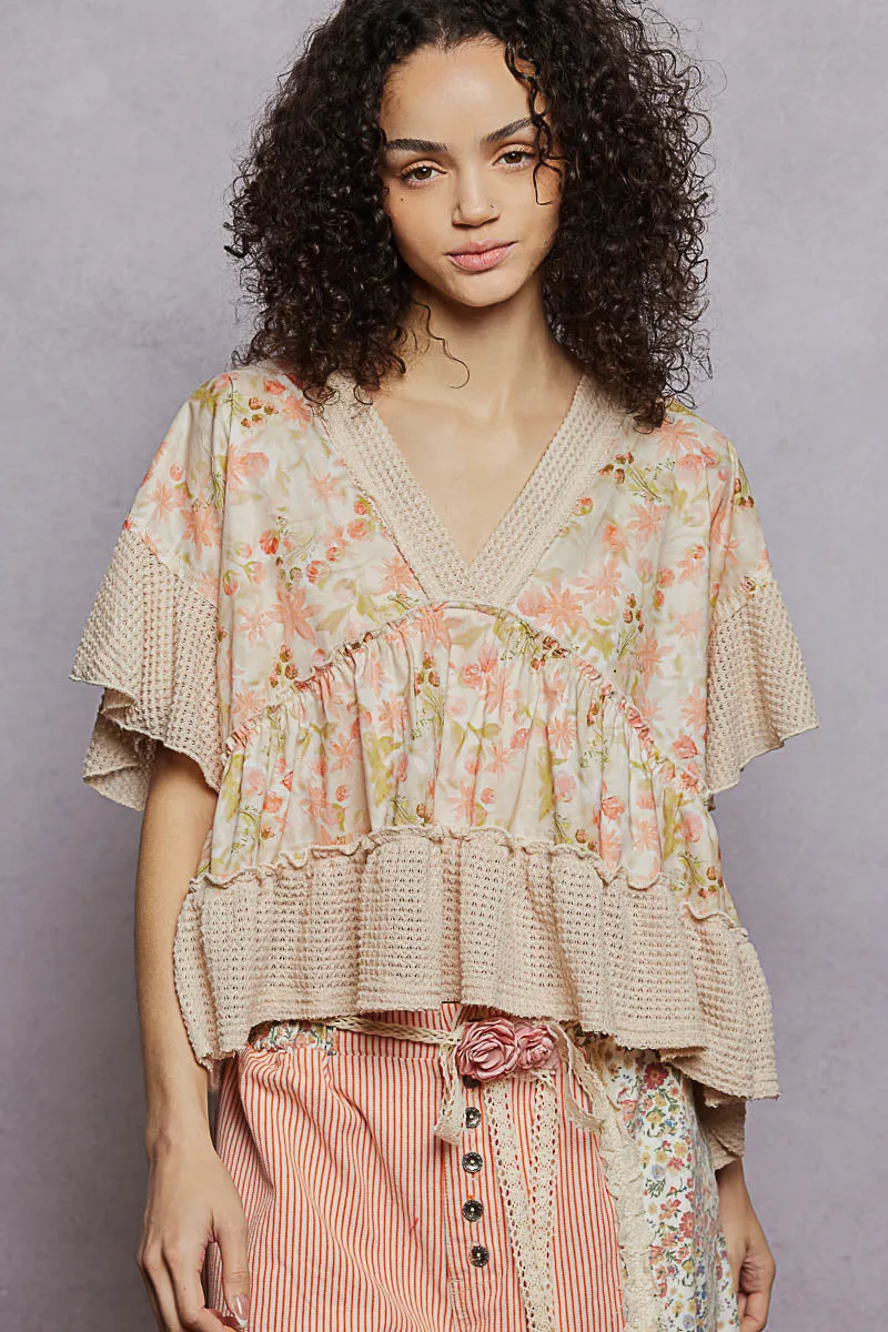 POL Floral Print V-Neck Woven Blouse with Gentle Gathers sold by Charming Charlie