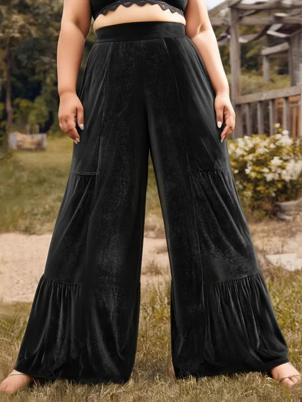 Plus Size Velvet Ruffle Hem Wide Leg Pants made by Trendsi