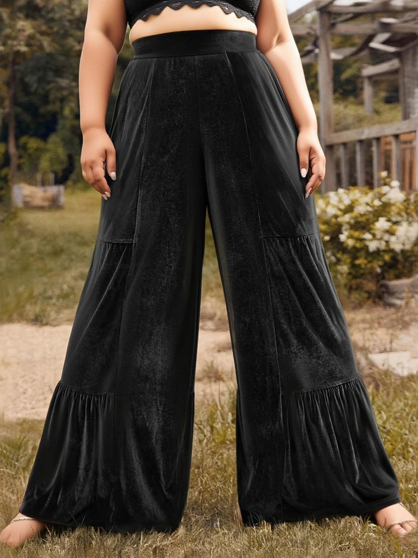 Plus Size Velvet Ruffle Hem Wide Leg Pants sold by Charming Charlie