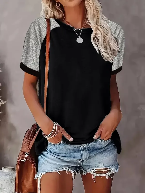 Plus Size Casual Color Block Raglan Sleeve T-Shirt made by Trendsi