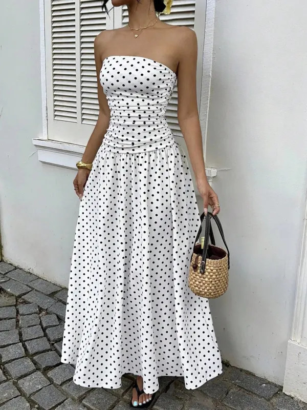 Polka Dot Ruched Strapless Maxi Dress sold by Charming Charlie