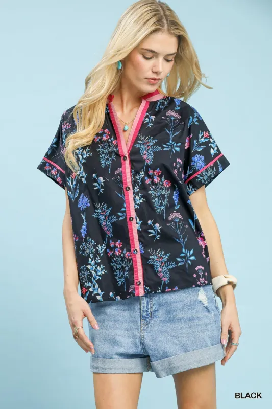 Umgee Botanical Floral Button Front Top made by Trendsi