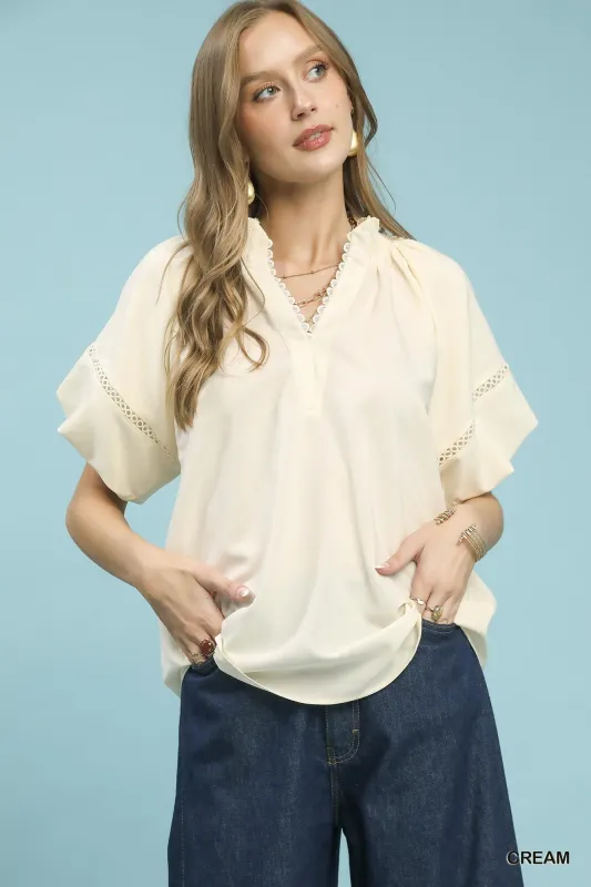 Umgee Lace Trim Peasant Top made by Trendsi