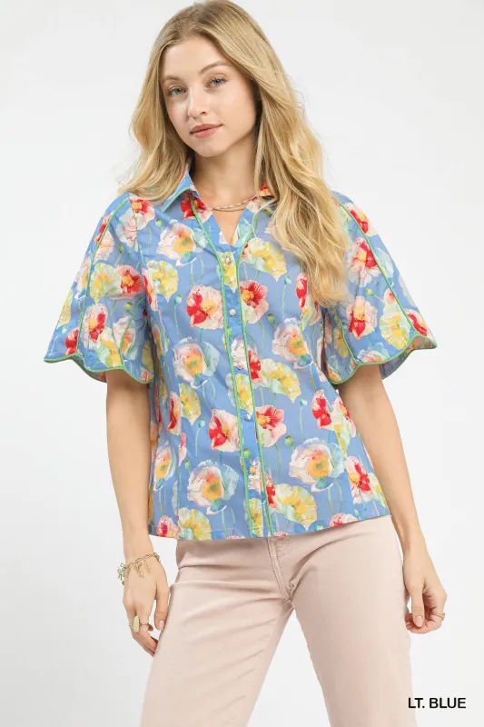 Umgee Floral Print Button-Down Blouse with Flutter Sleeves sold by Charming Charlie