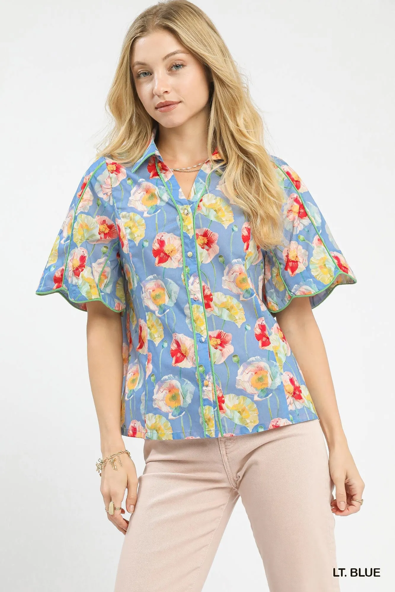 Umgee Floral Print Button-Down Blouse with Flutter Sleeves sold by Charming Charlie