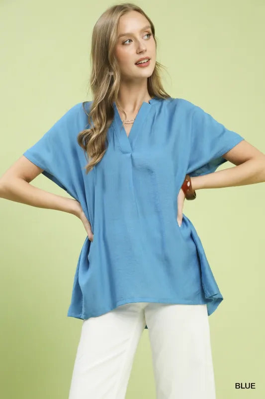 Umgee Flowy V-Neck Short Sleeve Blouse made by Trendsi