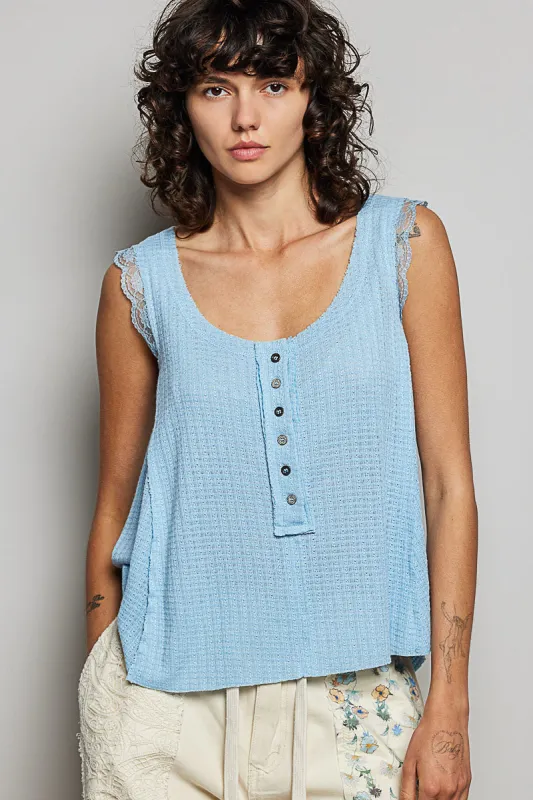 POL Textured Knit Round Neck Tank with Lace Detail sold by Charming Charlie