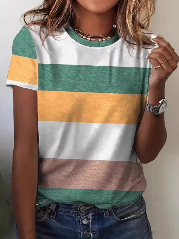 Plus Size Striped Casual Round Neck T-Shirt made by Trendsi