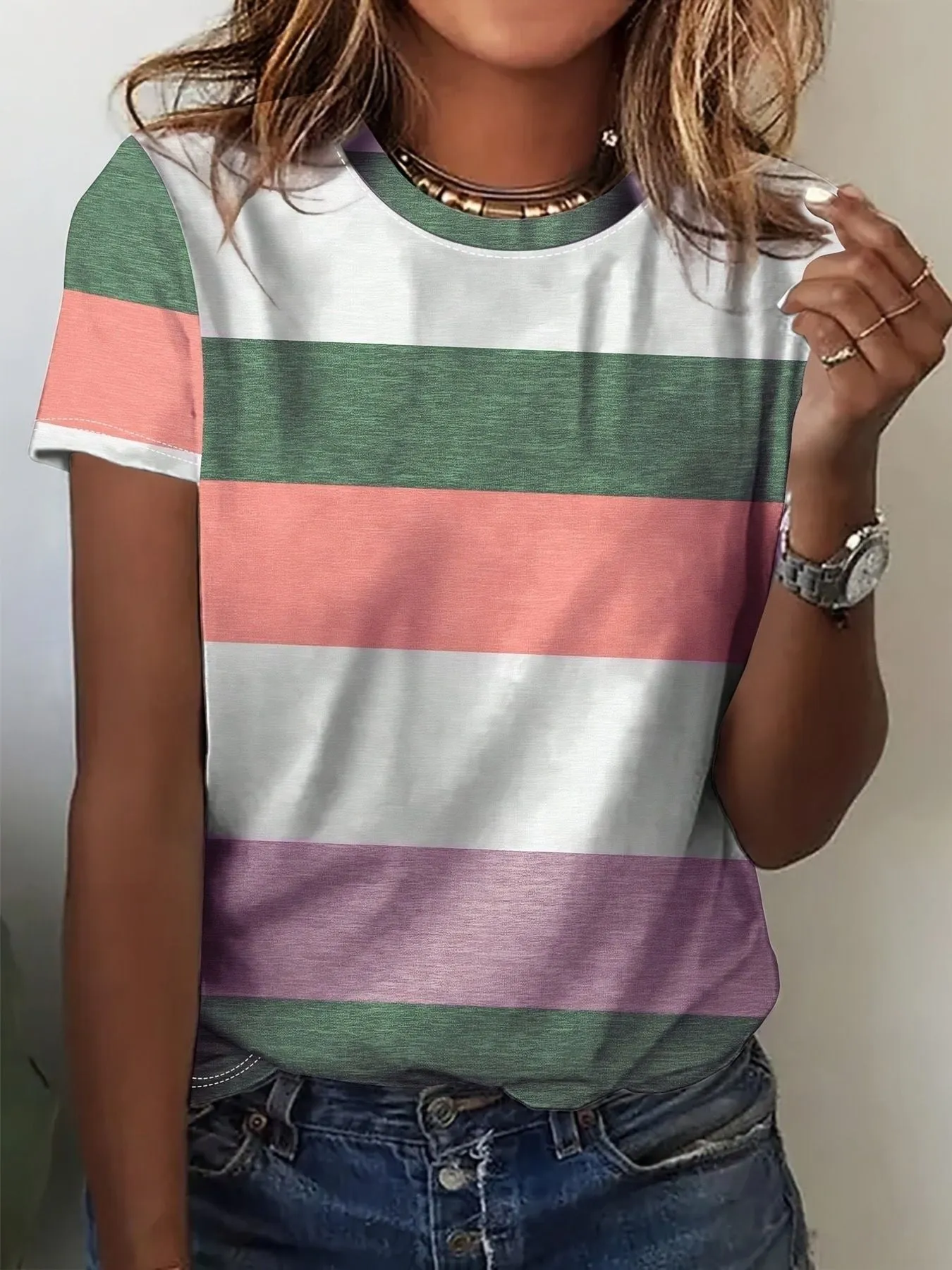 Plus Size Striped Casual Round Neck T-Shirt sold by Charming Charlie product image thumbnail 5