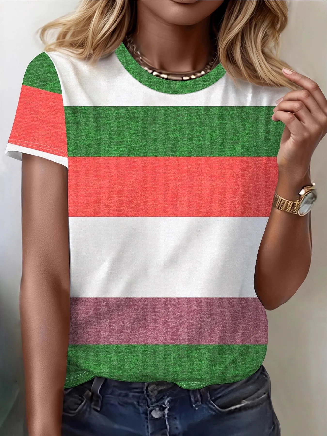 Plus Size Striped Casual Round Neck T-Shirt sold by Charming Charlie product image thumbnail 3
