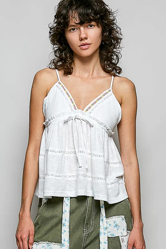 POL V-Neck Embroidered Trim Ruffled Cami made by Trendsi