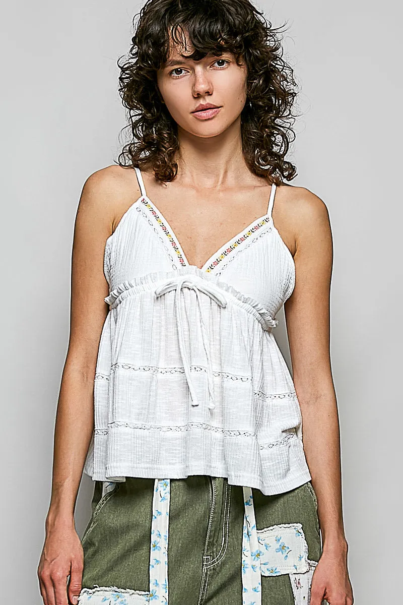 POL V-Neck Embroidered Trim Ruffled Cami sold by Charming Charlie