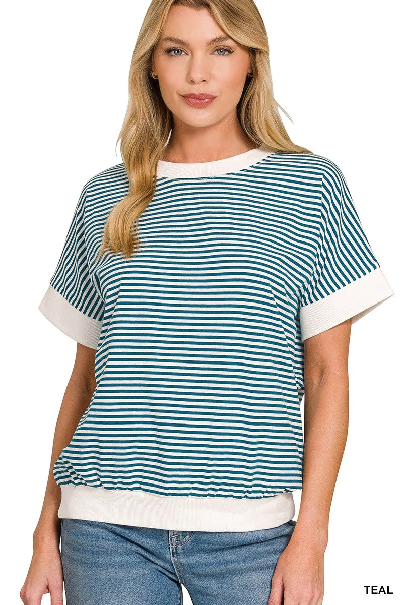 Zenana Stripe Contrast Trim Banded Bottom Top sold by Charming Charlie