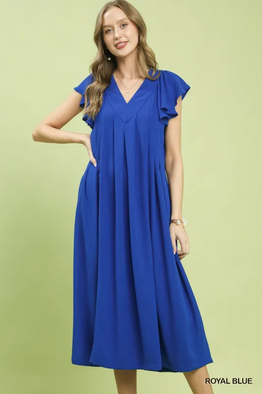 Umgee Ruffle Sleeve V-Neck Midi Dress made by Trendsi