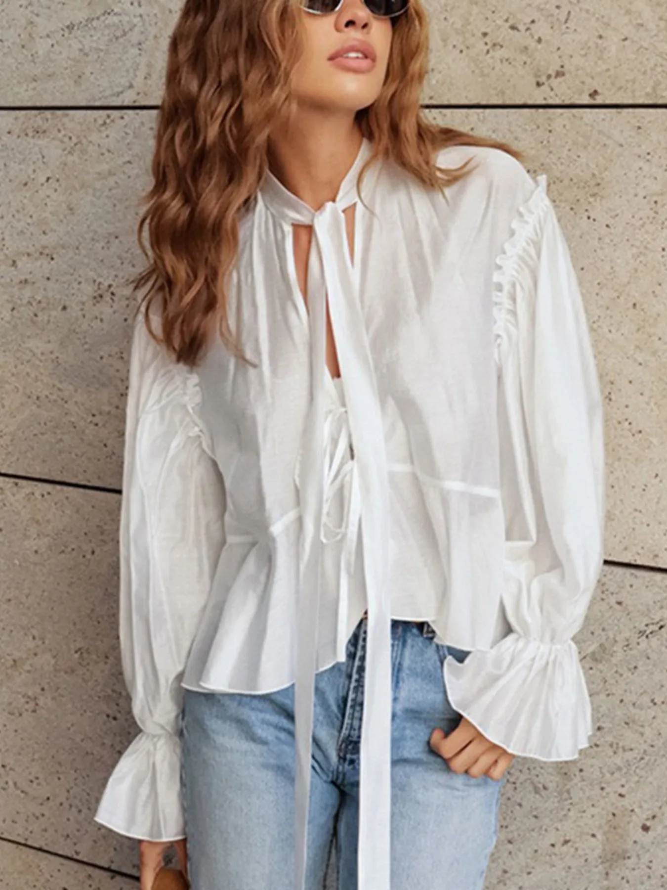 Tie Neck Flounce Sleeve Blouse sold by Charming Charlie product image thumbnail 3