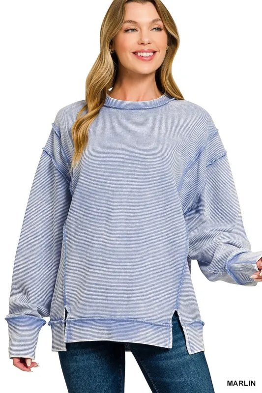 Zenana Acid Washed Double Ribbed Exposed-Seam Sweatshirt sold by Charming Charlie