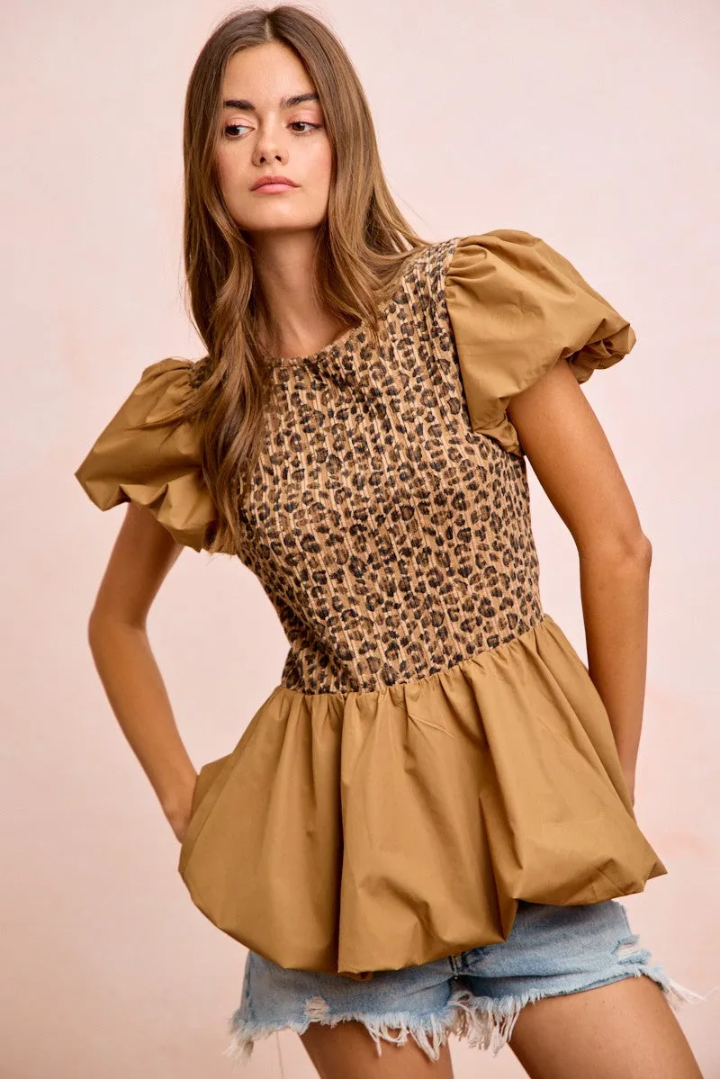 BiBi Rib Texture Leopard Puff Sleeves Bubble Peplum Top sold by Charming Charlie product image thumbnail 3