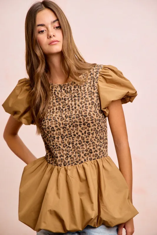 BiBi Rib Texture Leopard Puff Sleeves Bubble Peplum Top made by Trendsi