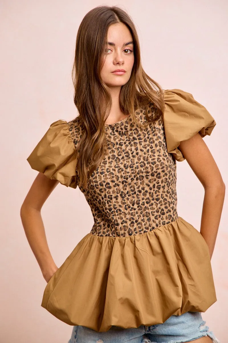BiBi Rib Texture Leopard Puff Sleeves Bubble Peplum Top sold by Charming Charlie product image thumbnail 5