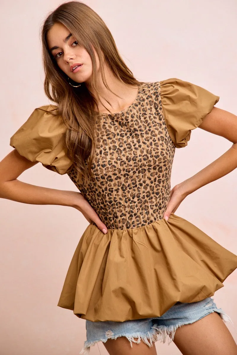 BiBi Rib Texture Leopard Puff Sleeves Bubble Peplum Top sold by Charming Charlie product image thumbnail 2