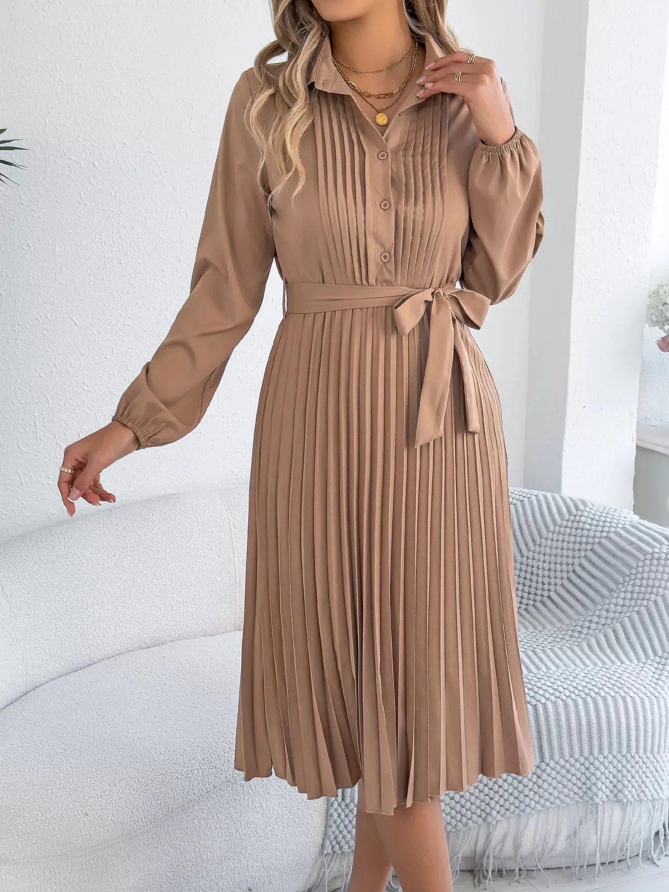 Pleated Tie Waist Balloon Sleeve Dress sold by Charming Charlie product image thumbnail 2