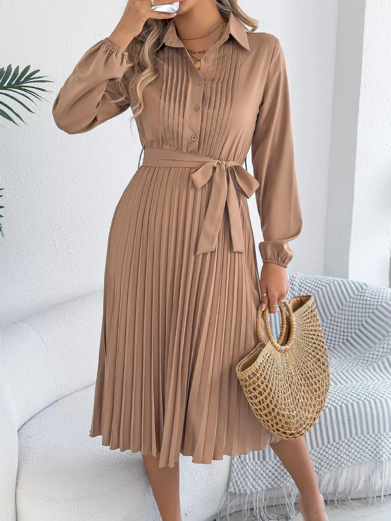 Pleated Tie Waist Balloon Sleeve Dress sold by Charming Charlie product image thumbnail 3
