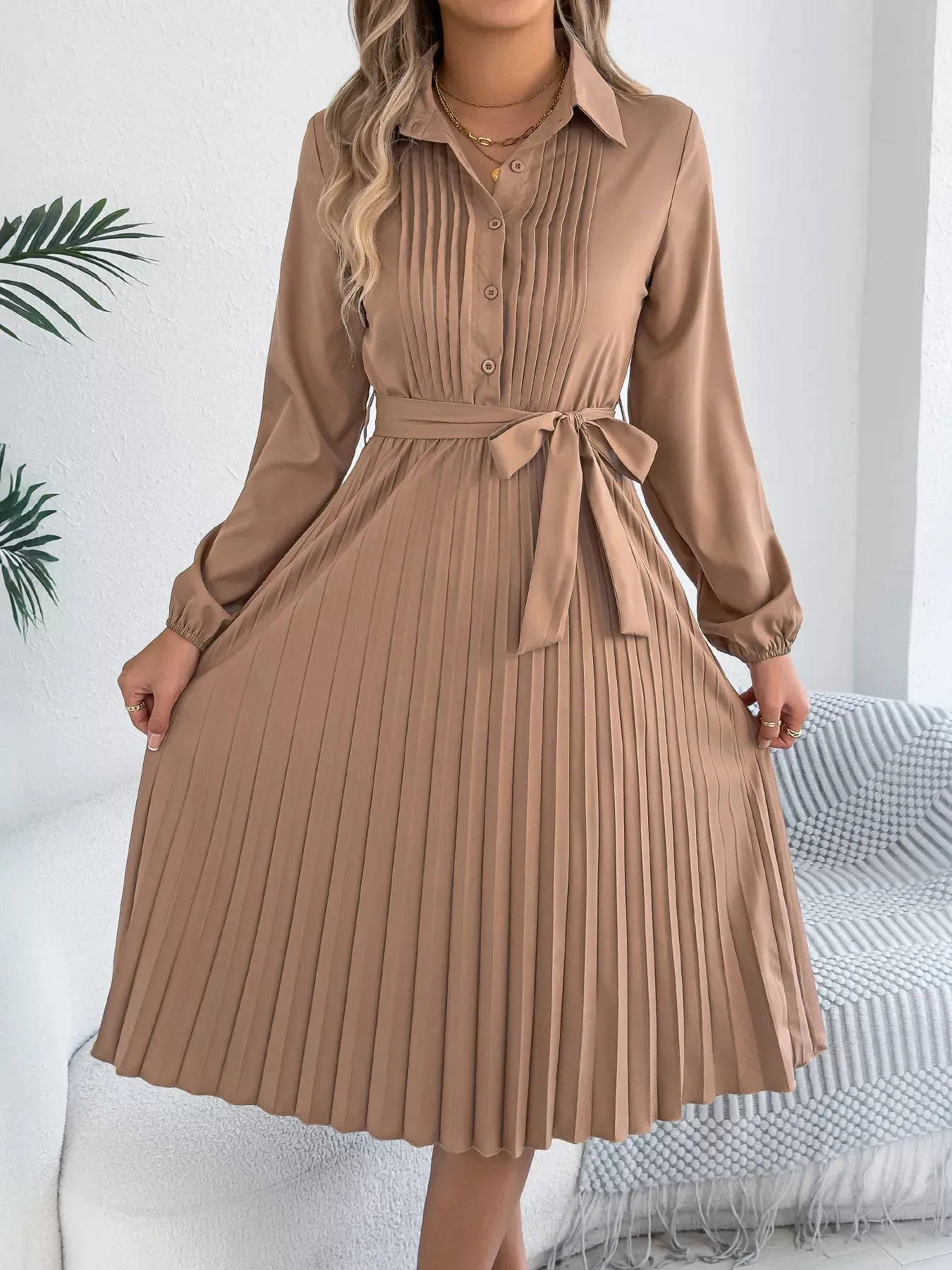 Pleated Tie Waist Balloon Sleeve Dress sold by Charming Charlie product image thumbnail 4