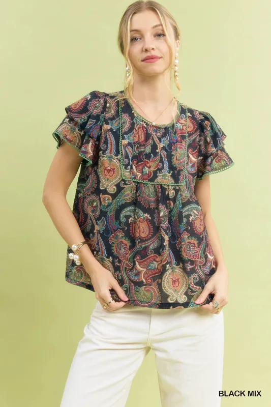 Umgee Mix Paisley Ruffle Sleeve Top made by Trendsi
