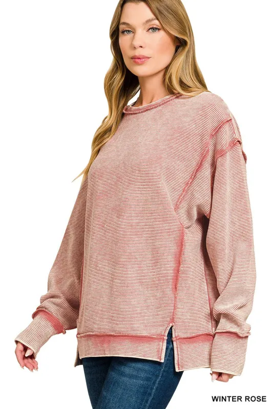 Zenana Acid Washed Double Ribbed Exposed-Seam Sweatshirt sold by Charming Charlie