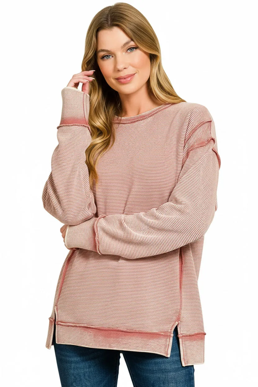 Zenana Acid Washed Double Ribbed Exposed-Seam Sweatshirt sold by Charming Charlie product image thumbnail 3