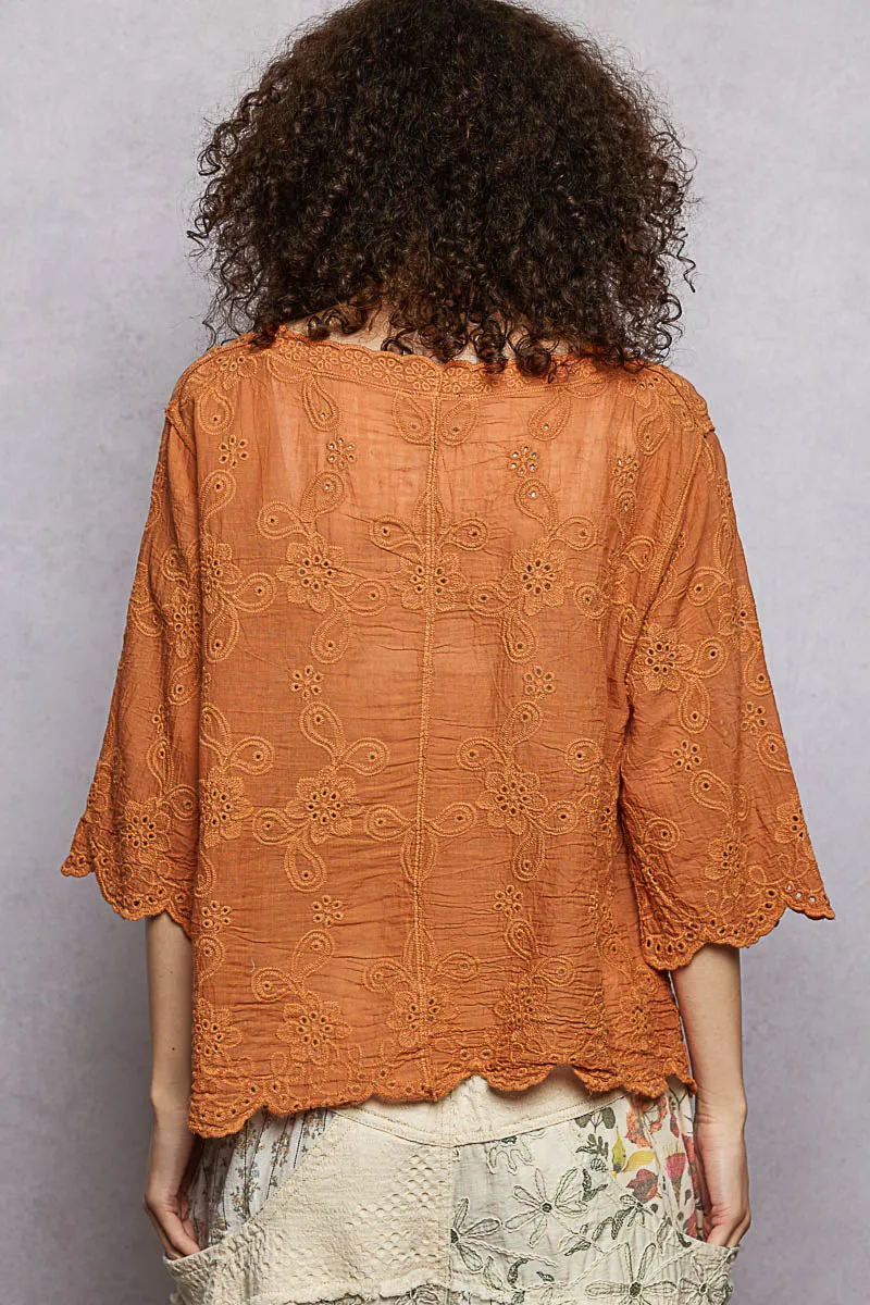 POL Floral Eyelet V-Neck Salloped Shirt sold by Charming Charlie product image thumbnail 4