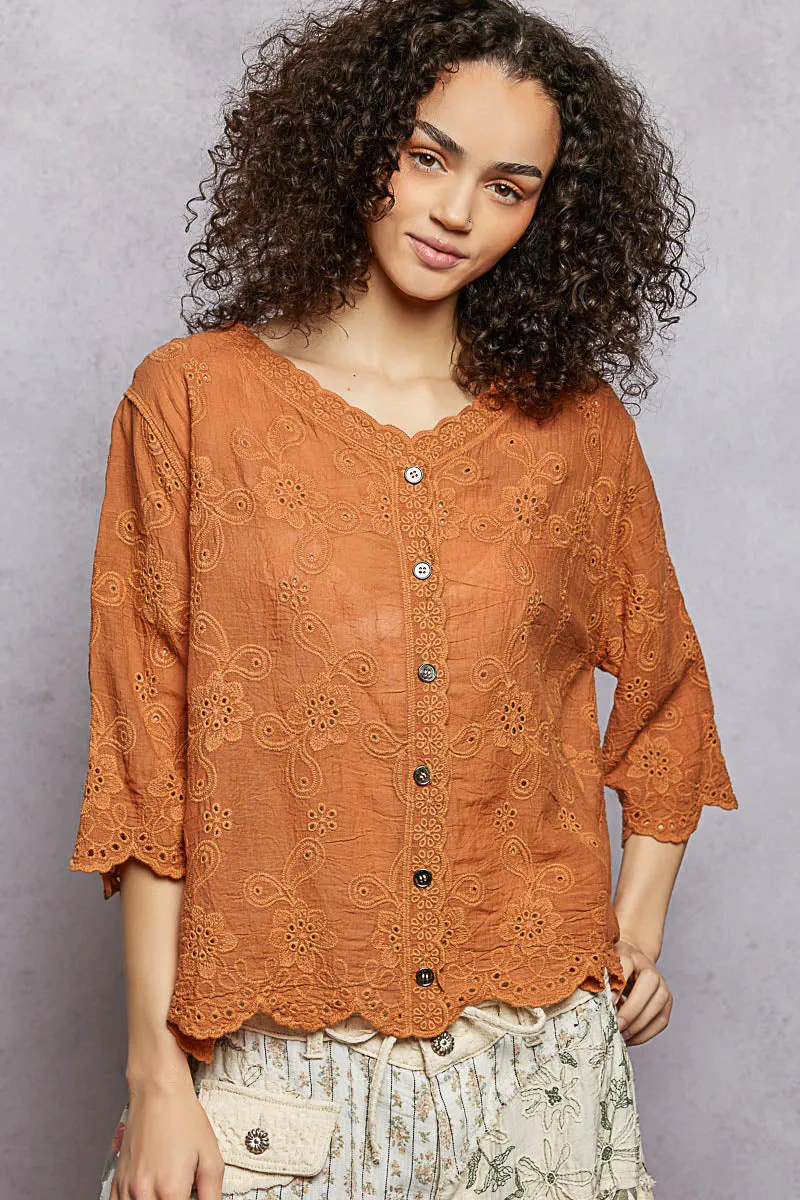 POL Floral Eyelet V-Neck Salloped Shirt sold by Charming Charlie product image thumbnail 2