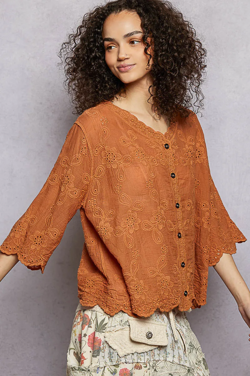POL Floral Eyelet V-Neck Salloped Shirt sold by Charming Charlie product image thumbnail 3