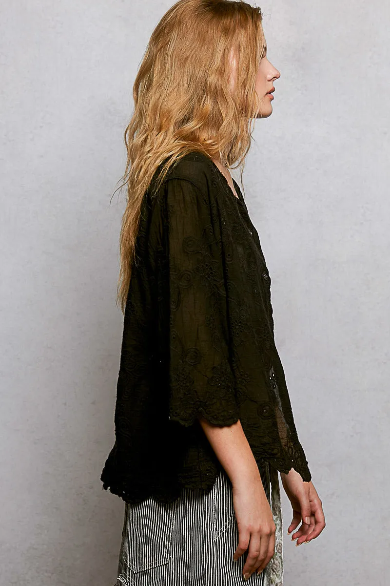 POL Floral Eyelet V-Neck Salloped Shirt sold by Charming Charlie product image thumbnail 3