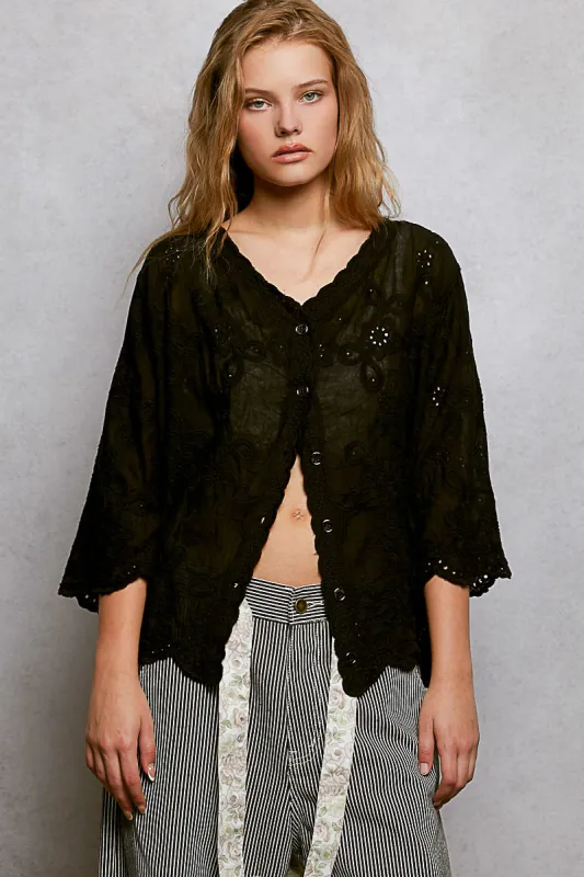 POL Floral Eyelet V-Neck Salloped Shirt made by Trendsi