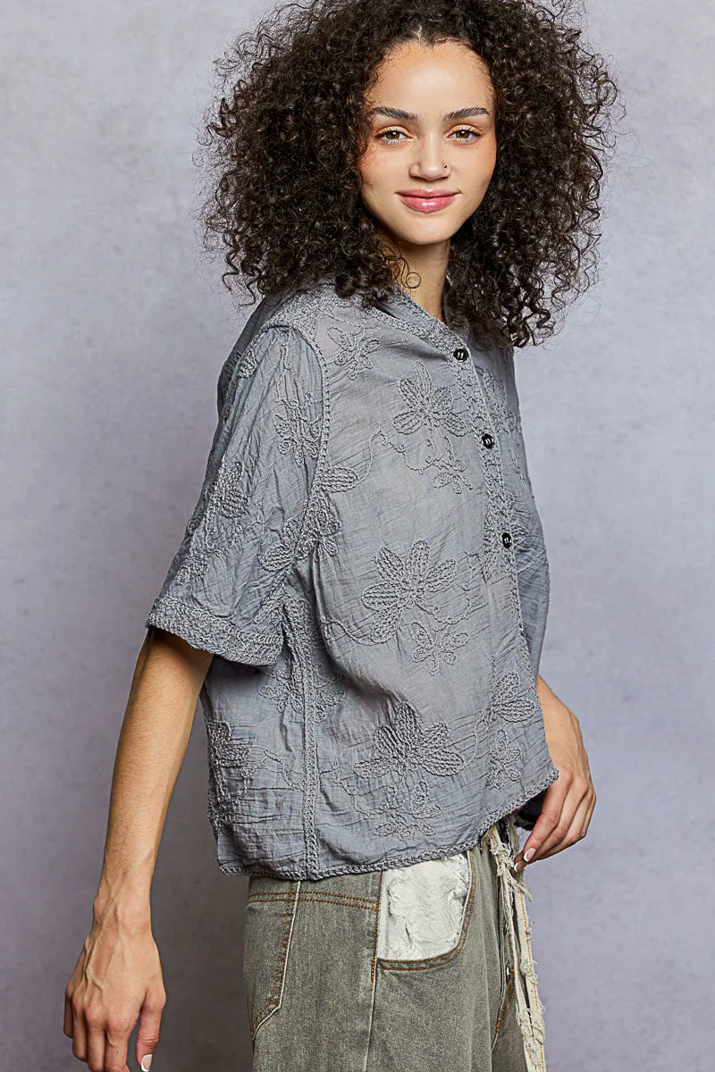 POL Button Front Floral Stitching Breathable Hooded Shirt sold by Charming Charlie product image thumbnail 3