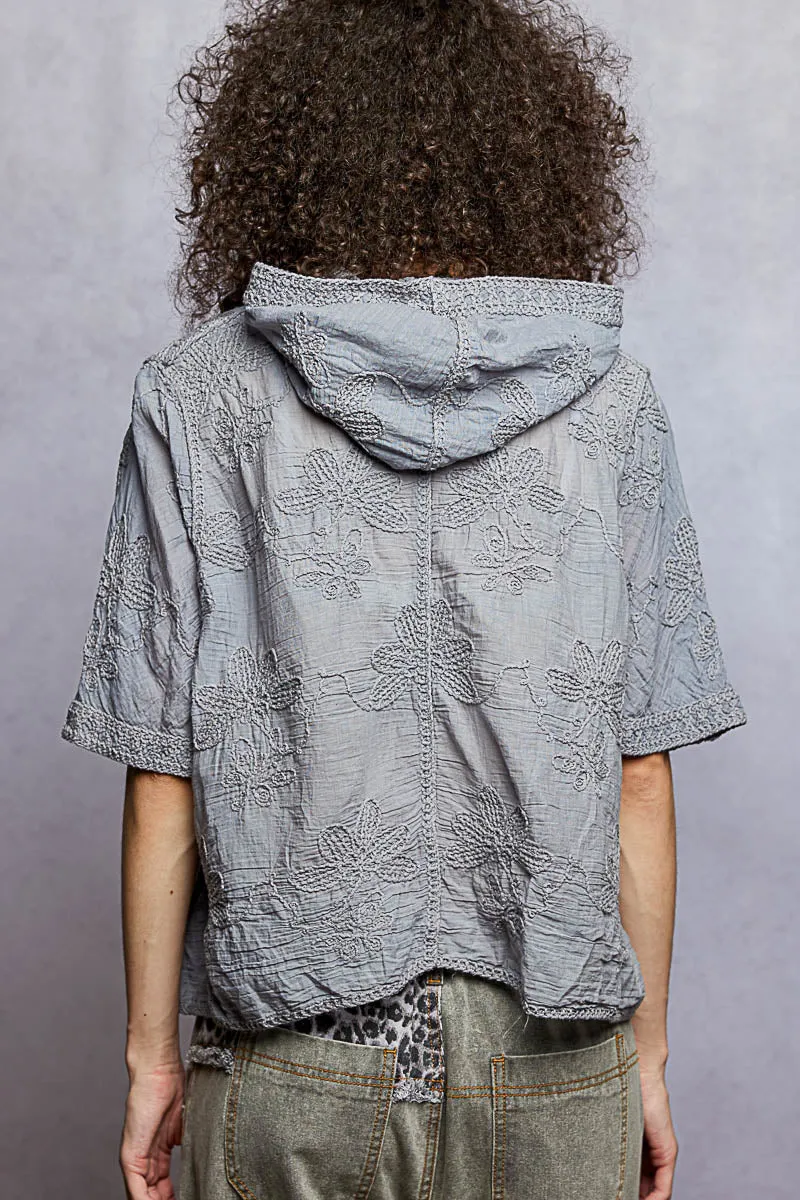 POL Button Front Floral Stitching Breathable Hooded Shirt sold by Charming Charlie product image thumbnail 4