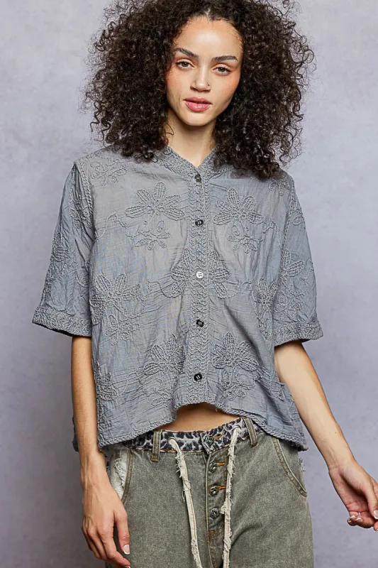 POL Button Front Floral Stitching Breathable Hooded Shirt made by Trendsi