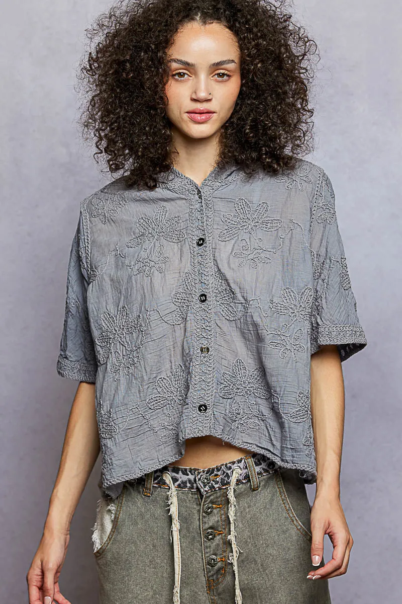 POL Button Front Floral Stitching Breathable Hooded Shirt sold by Charming Charlie product image thumbnail 2