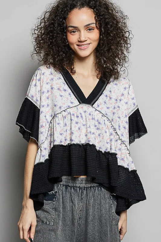 POL Floral Print V-Neck Woven Blouse with Gentle Gathers made by Trendsi