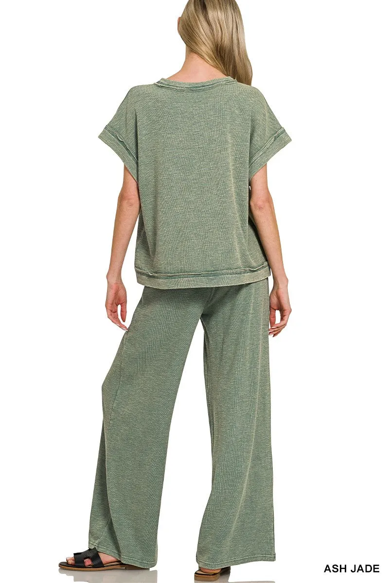 Zenana Washed Slub Short Sleeve Tee & Long Pants Set sold by Charming Charlie product image thumbnail 3