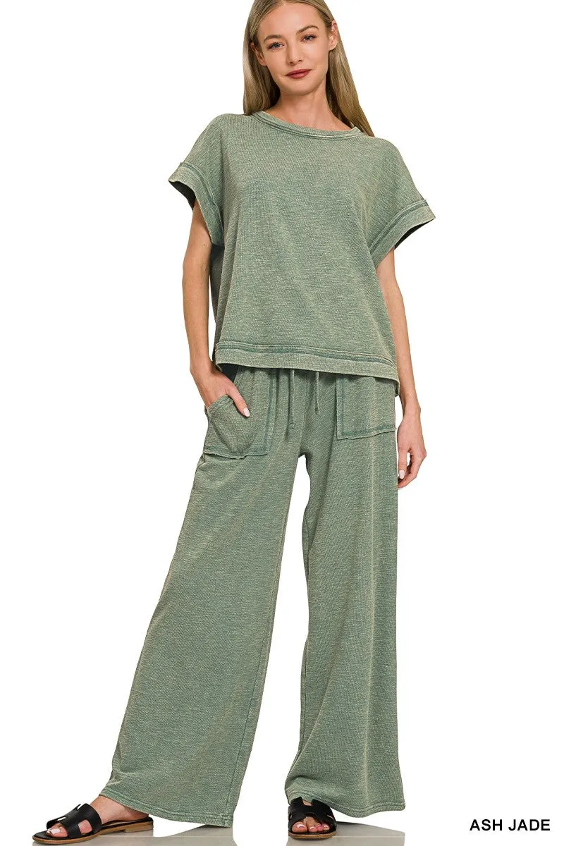 Zenana Washed Slub Short Sleeve Tee & Long Pants Set sold by Charming Charlie