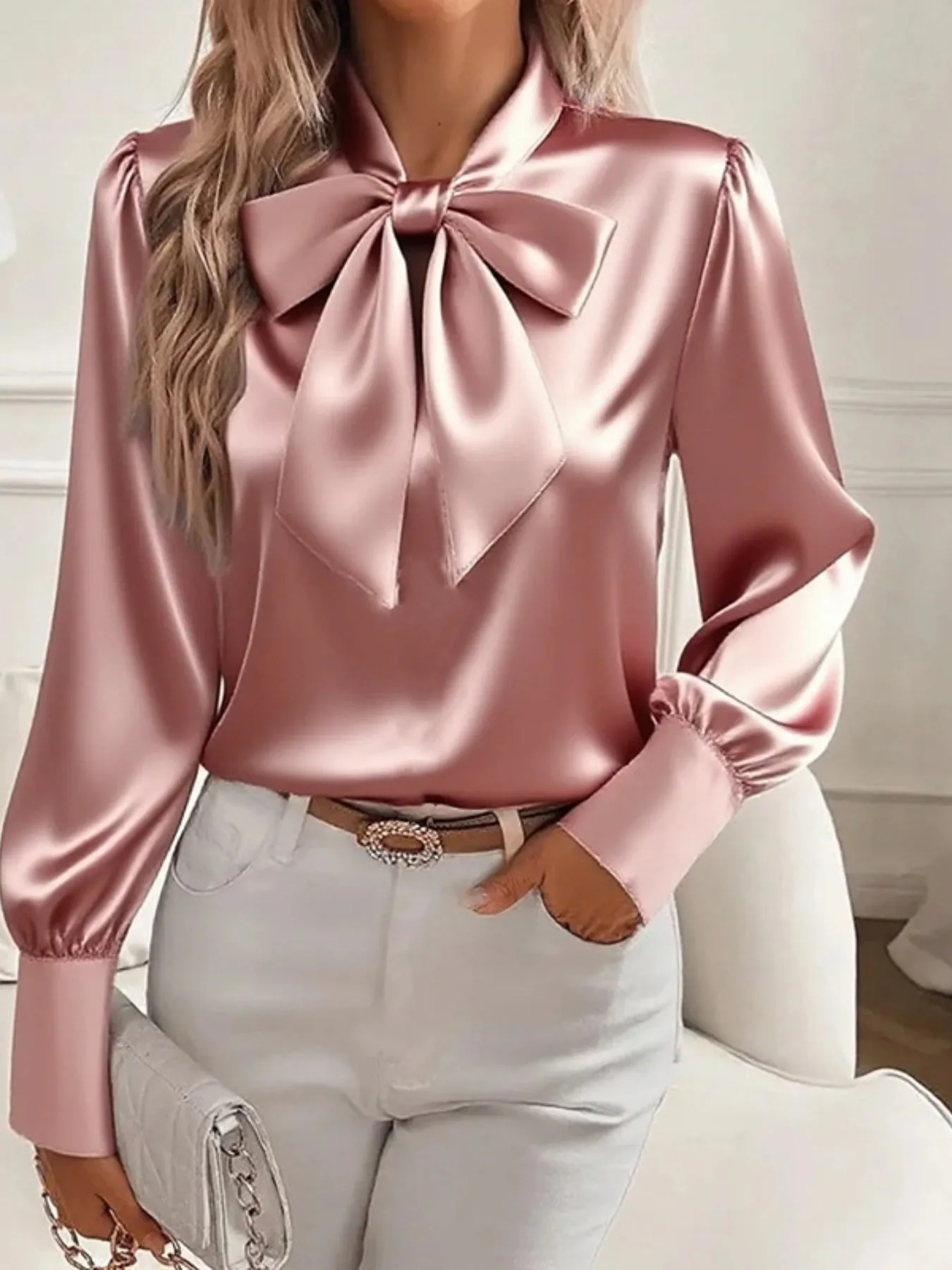 Satin Bow Tie Long Sleeve Top sold by Charming Charlie product image thumbnail 4