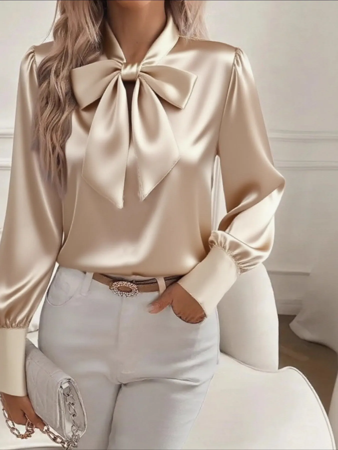 Satin Bow Tie Long Sleeve Top sold by Charming Charlie