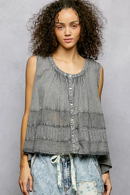 POL Button Down Round Neck Tank with Crochet Contrast sold by Charming Charlie