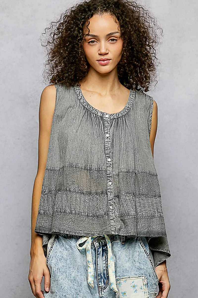 POL Button Down Round Neck Tank with Crochet Contrast sold by Charming Charlie