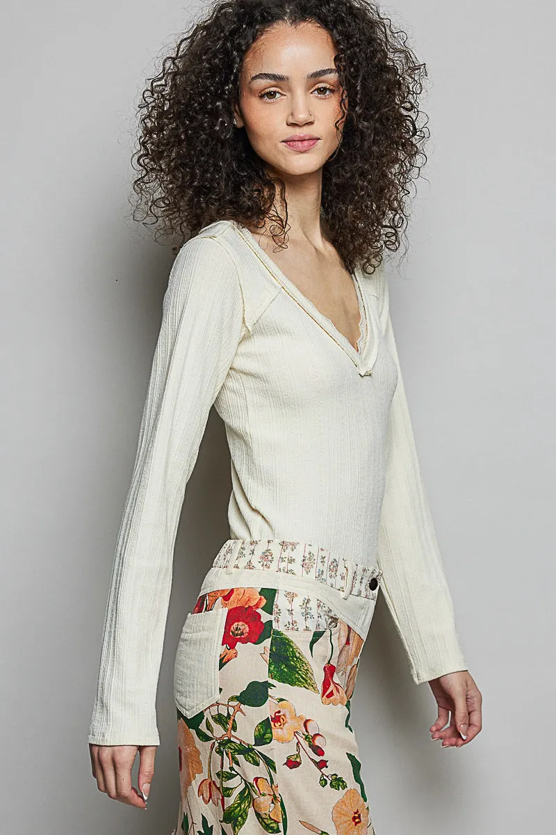 POL V-Neck Long Sleeve Ribbed Top with Lace-Accent Neckband sold by Charming Charlie product image thumbnail 3